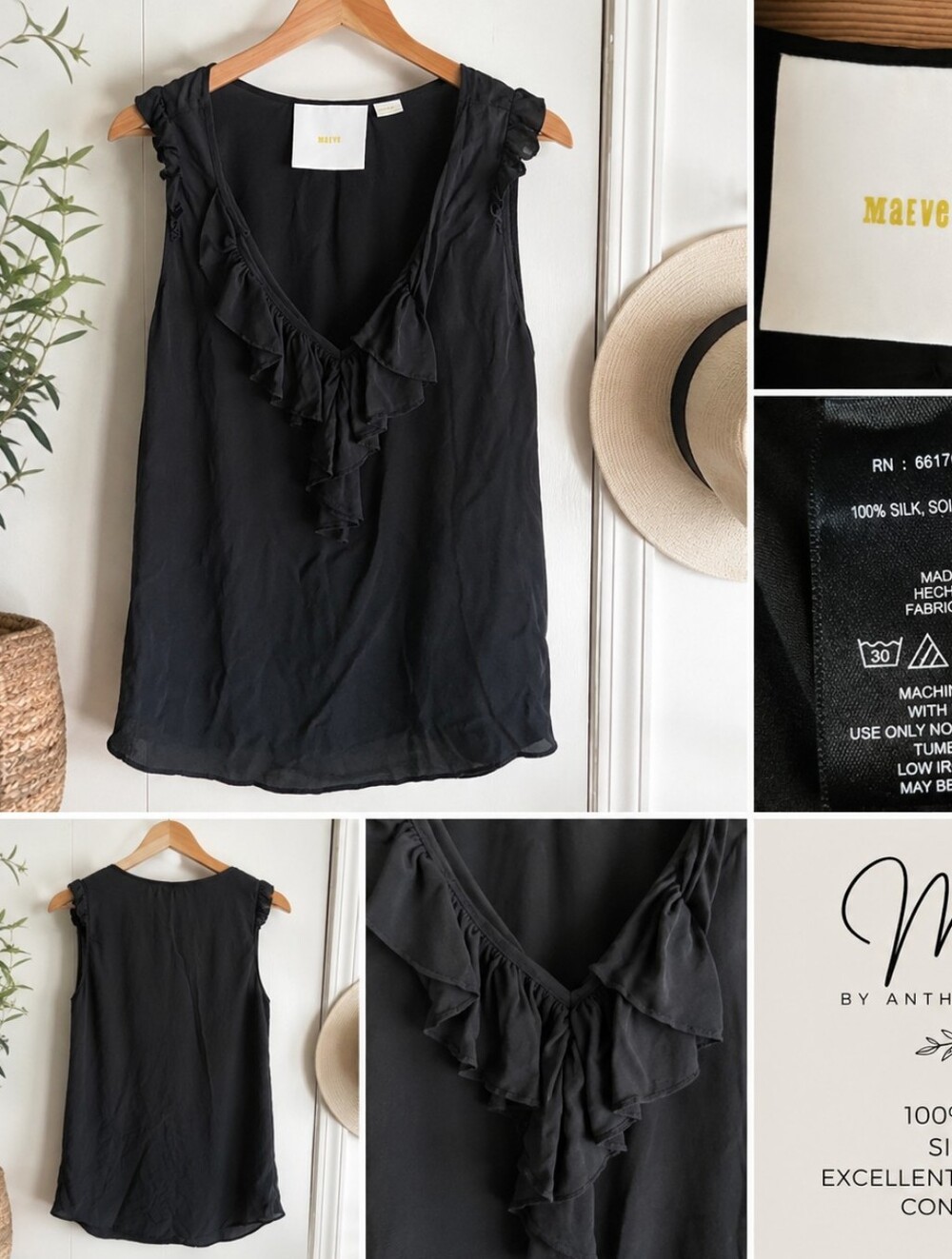 Maeve Anthropologie 100% Silk Black Ruffle VNeck Keyhole Sleeveless Blouse Size6